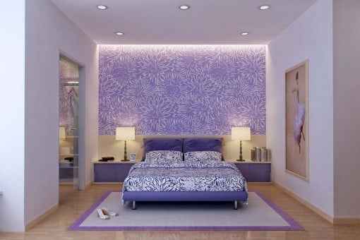 purple wall with backlight behind the bed