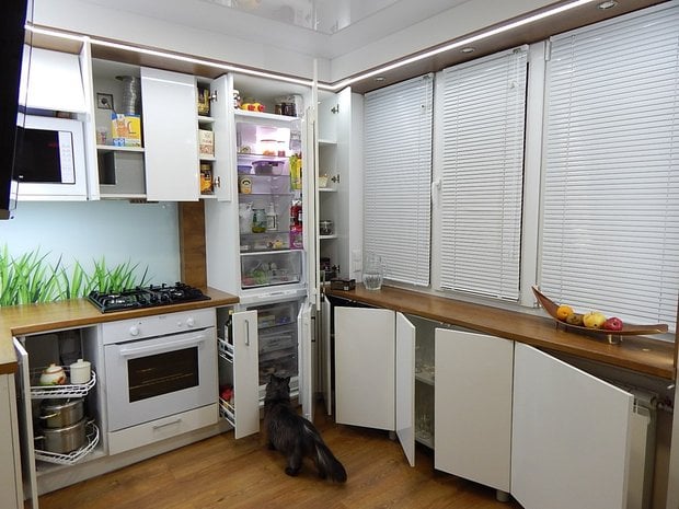 real photo of kitchen design in tiny apartment
