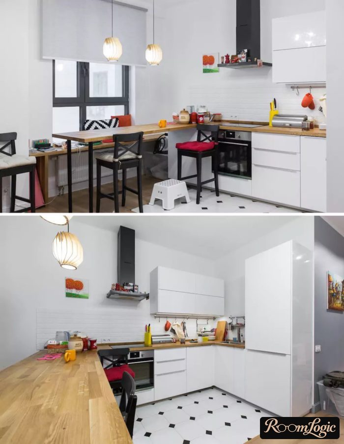 real white kitchen in scandi style with breakfast bar at window corner