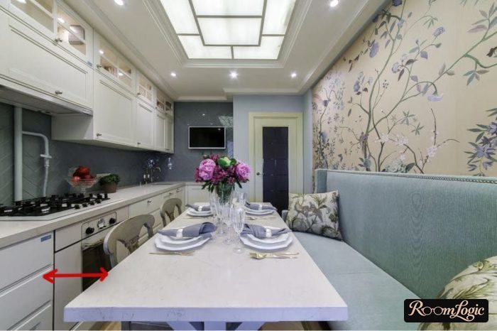 rectangle kitchen in 110 square feet apartment with sofa
