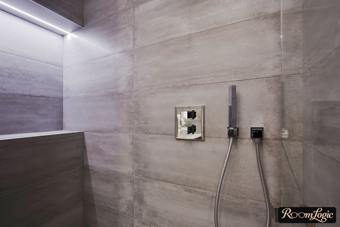 rectangular gray tile layout in the bathroom