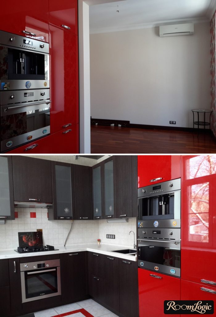 red and black corner kitchen cabinets
