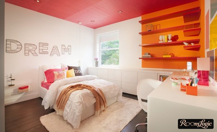 red and orange colors in a girl's room for a teenager