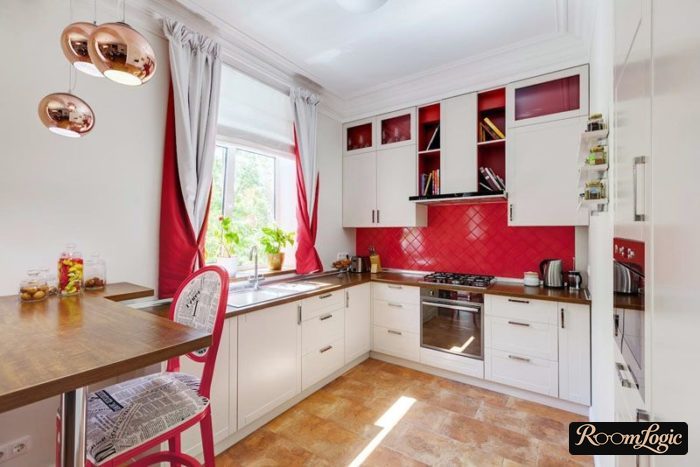 red and white curtains in the kitchen