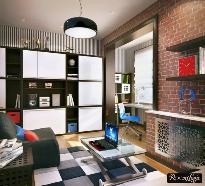 red brick and black-white furniture for a teenage boy