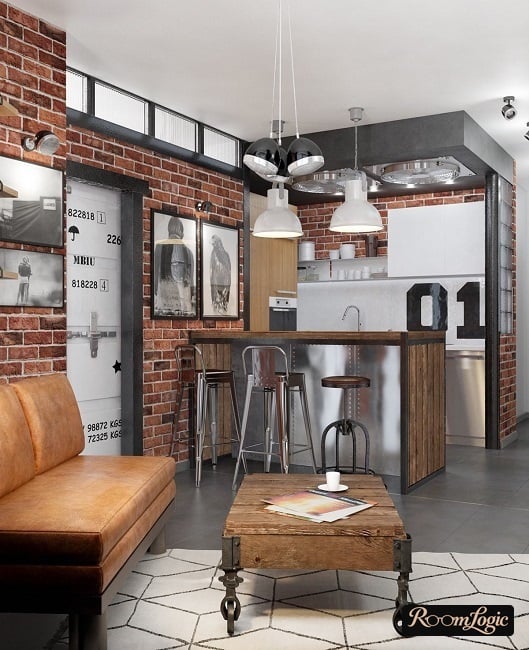 red brick in a loft-style kitchen with a breakfast bar