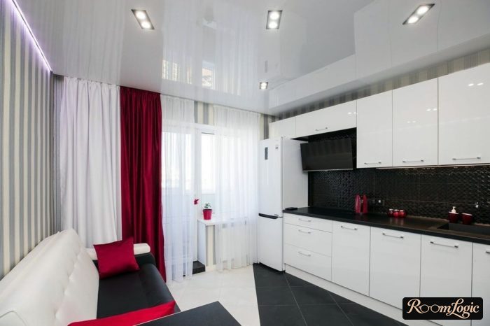 red curtains and white sheer curtain in the kitchen