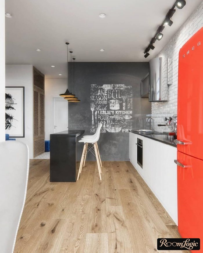 red refrigerator on the kitchen in scandi style