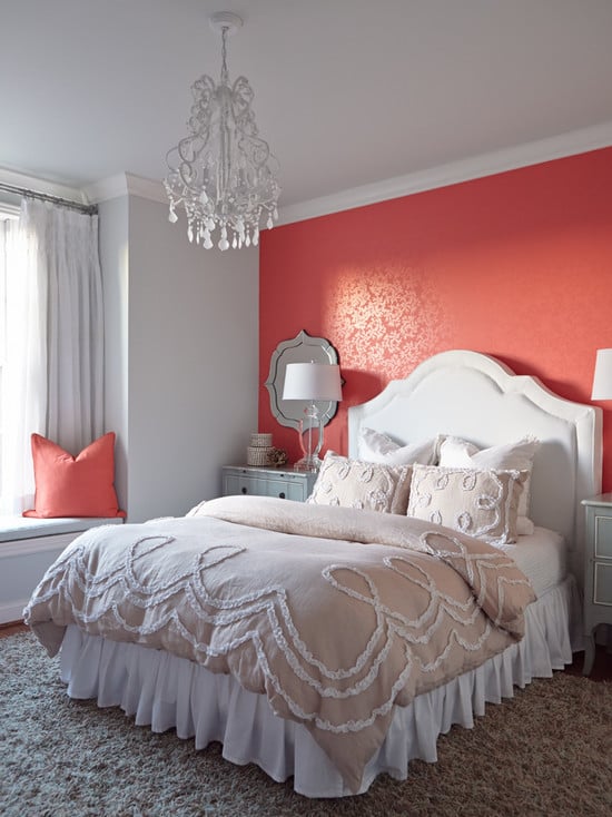 red wallpaper with golden pattern in bedroom