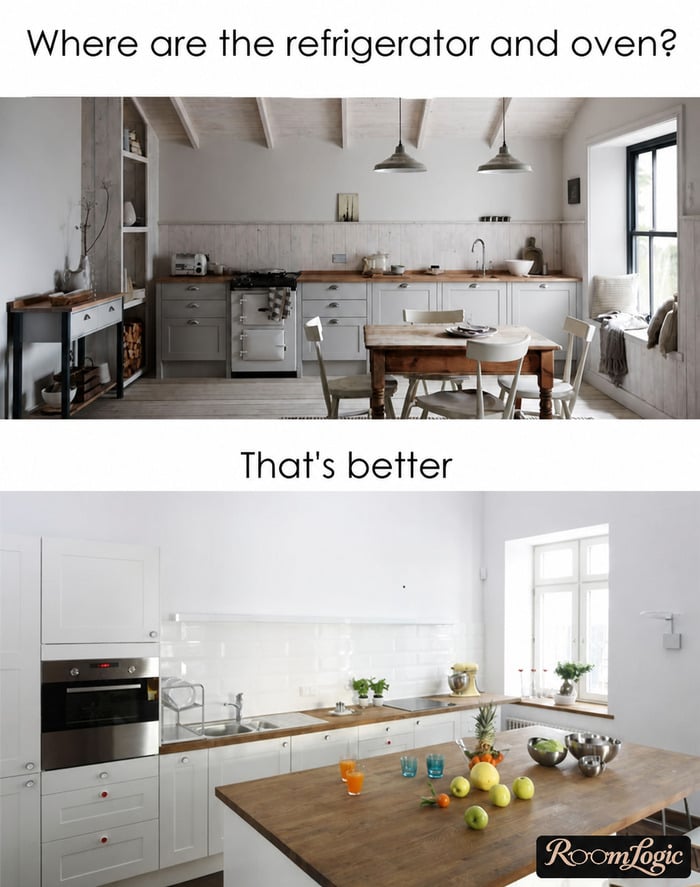 Kitchen without tall appliance cabinets compared with one that includes them