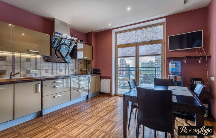roller shades on a large balcony door in the kitchen