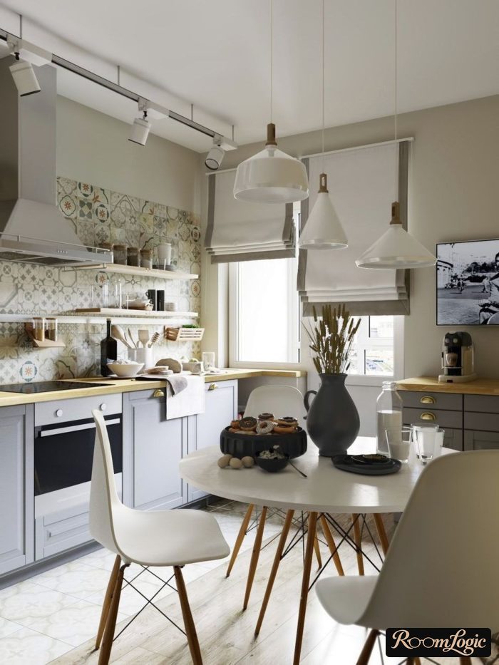 roman shades in a gray kitchen with a balcony door