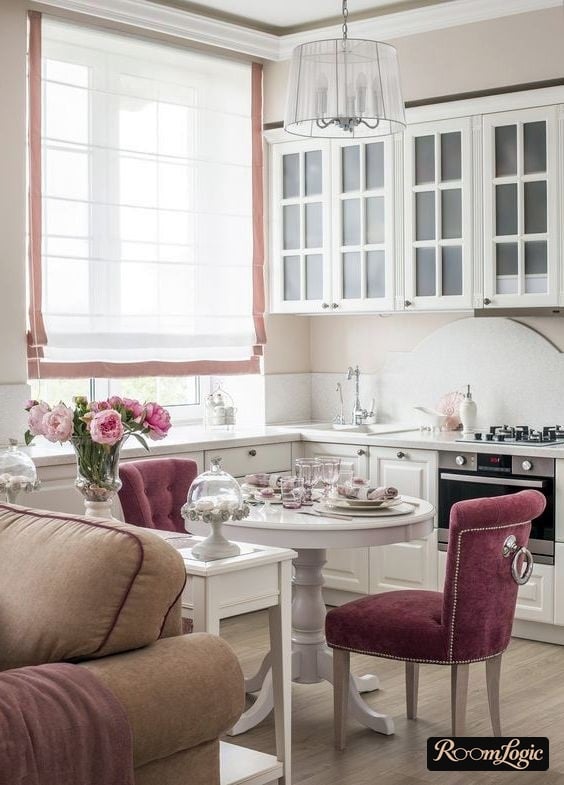 roman white and pink curtains in the kitchen