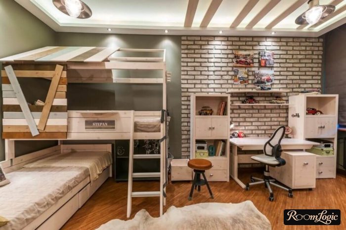 Room design for two 14-year-old teenage boys with a loft bed