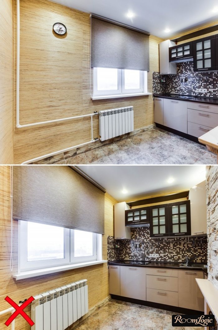 sand-colored wallpapers for a small gray kitchen in a typical apartment