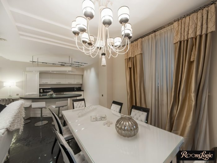 satin beige curtains in kitchen-living room