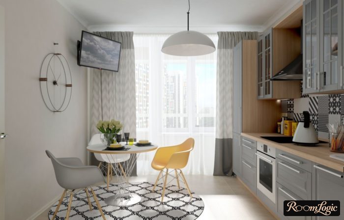 scandinavian kitchen design in gray with yellow chair