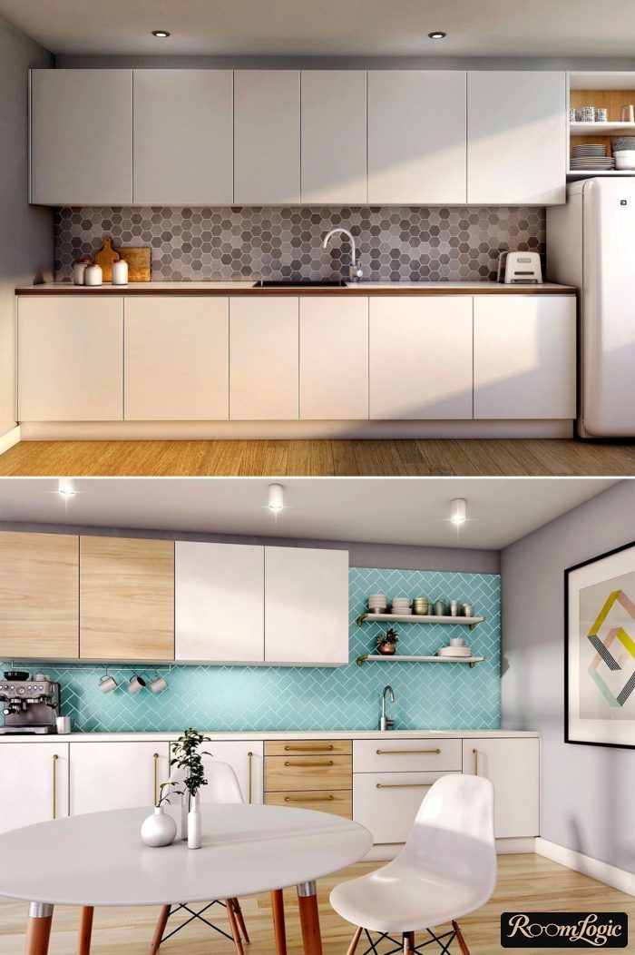 scandinavian kitchen-living room with bright light blue accents