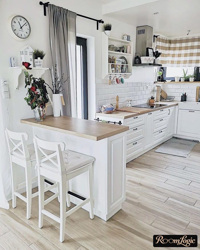 scandinavian kitchen with bar counter and no upper cabinets