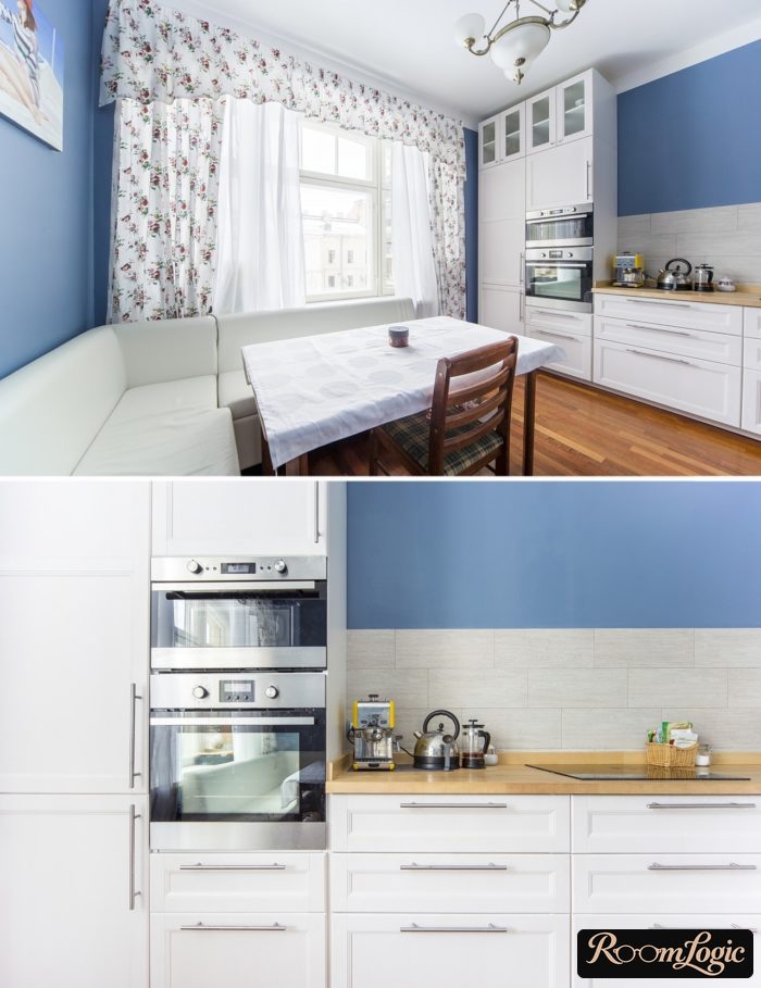 scandinavian kitchen with corner sofa