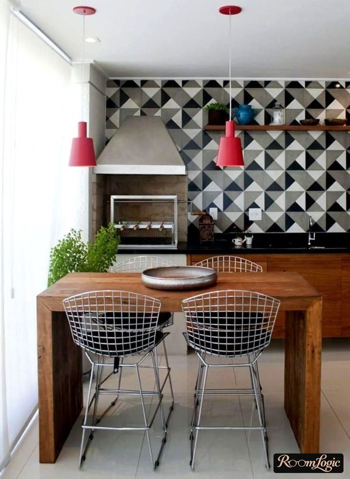 scandinavian kitchen with patterned wallpaper