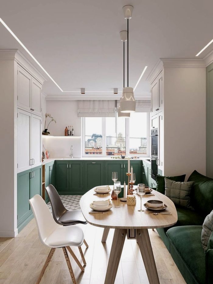 scandinavian kitchen with teal cabinet fronts