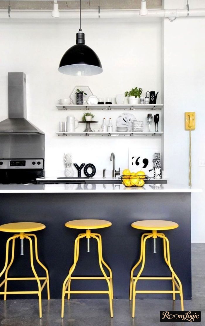 scandinavian kitchen with yellow accent bar stools