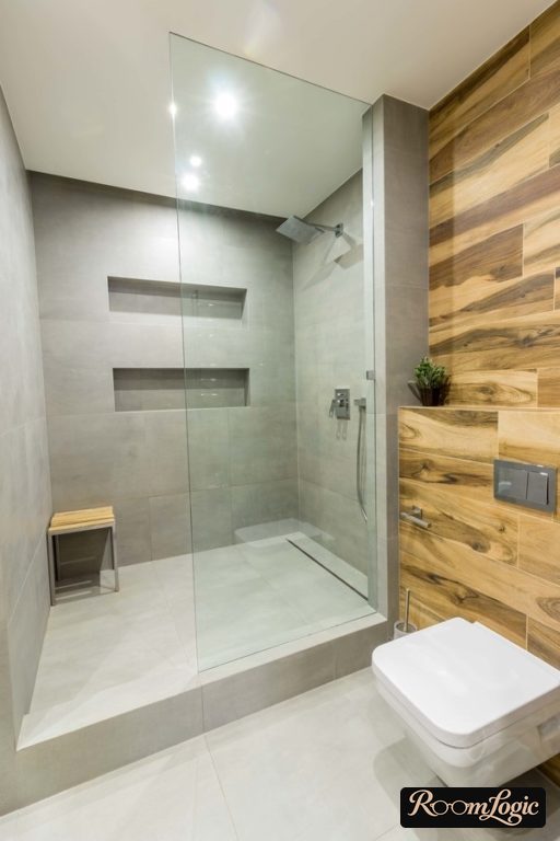 scandinavian style bathroom with shower and toilet