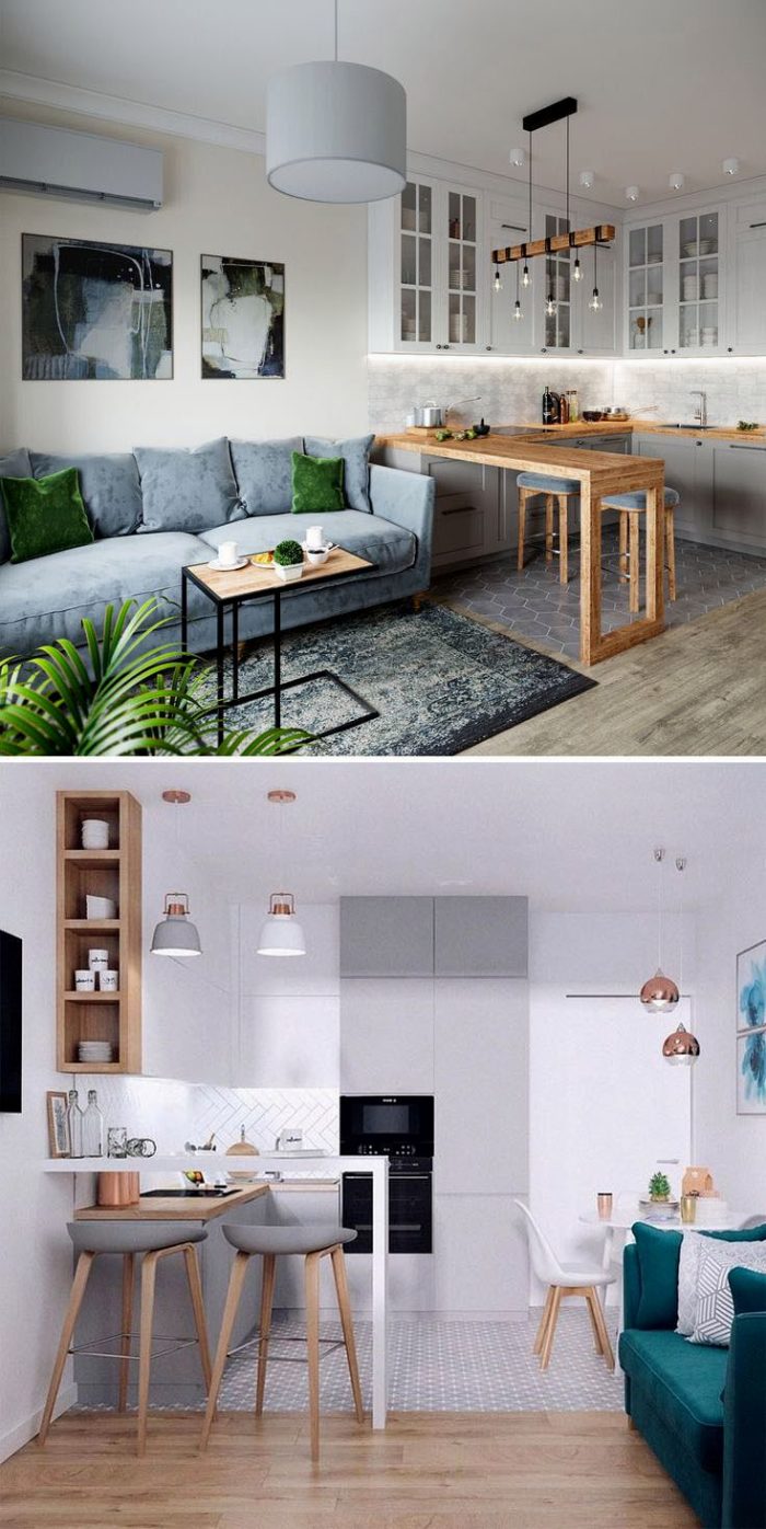 scandinavian-style interior of a kitchen-living room