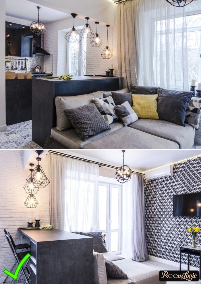 scandinavian-style kitchen-living room with black-and-white patterned wallpaper
