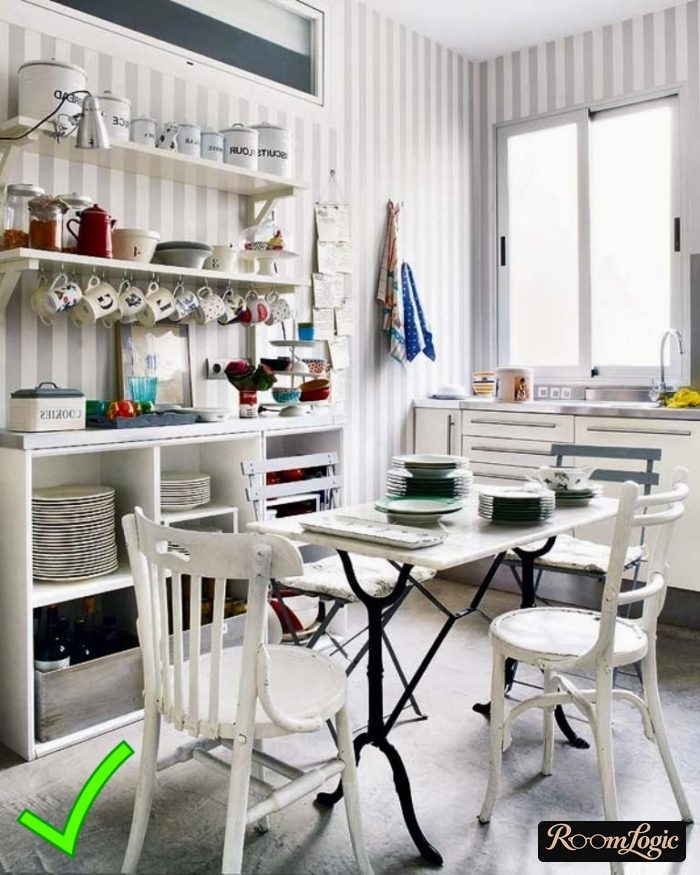 scandinavian-style kitchen with gray-white striped wallpaper