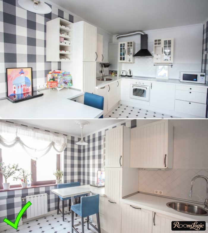 scandinavian-style kitchen with white-and-gray-check wallpaper