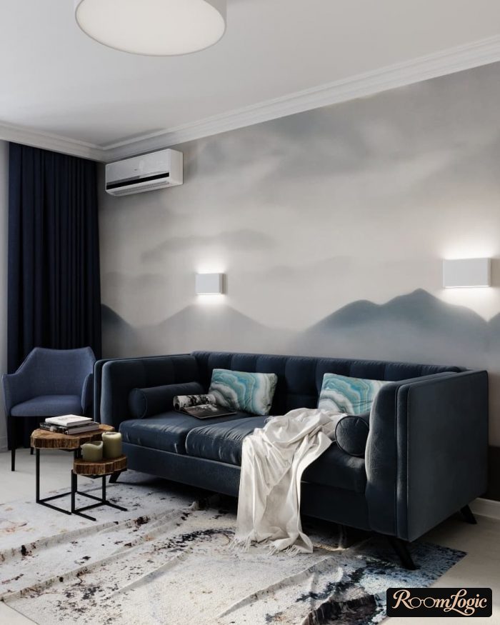 scandinavian-style living room with photo wallpaper