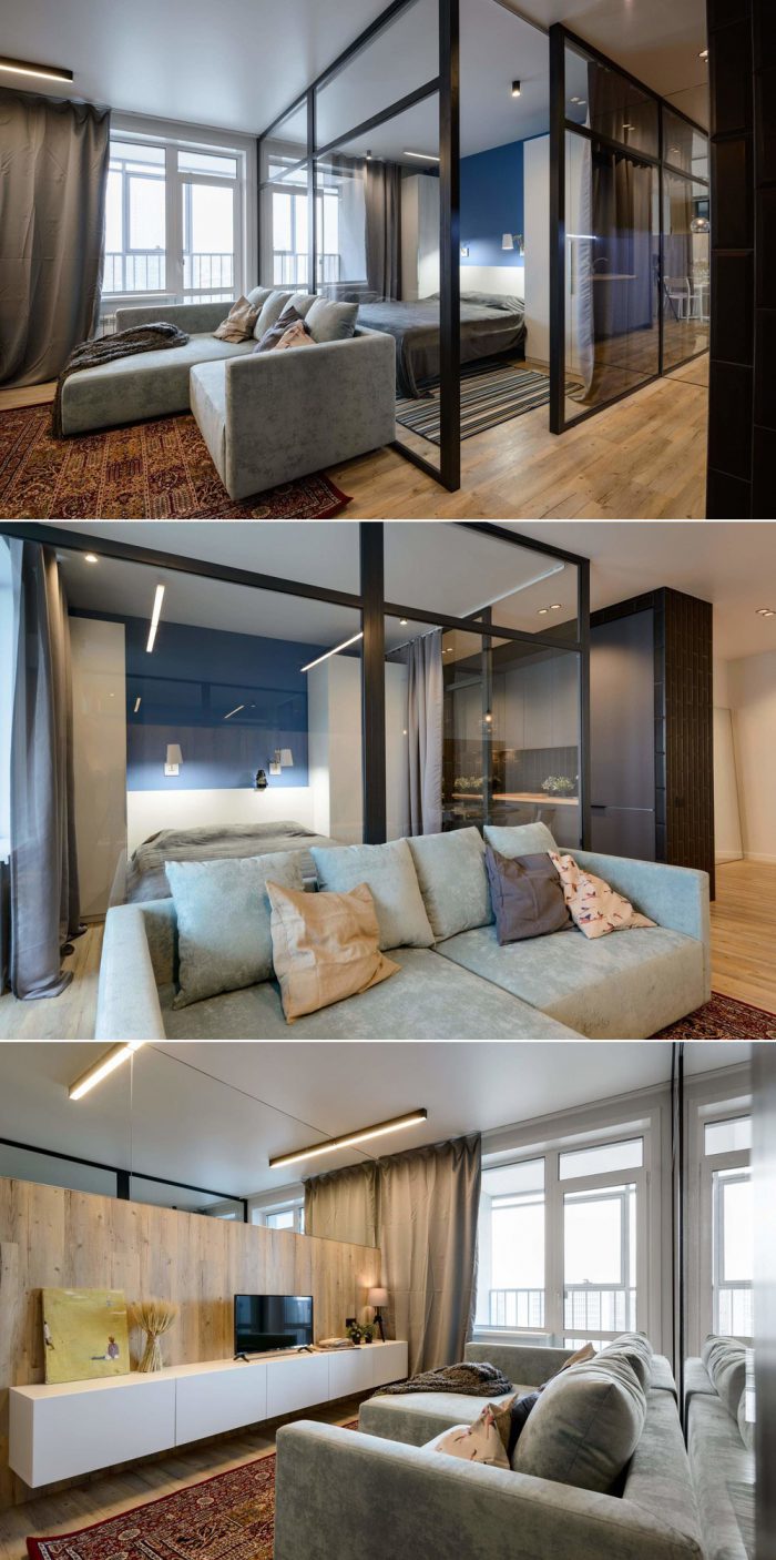 scandinavian style studio apartment with sofa and bed