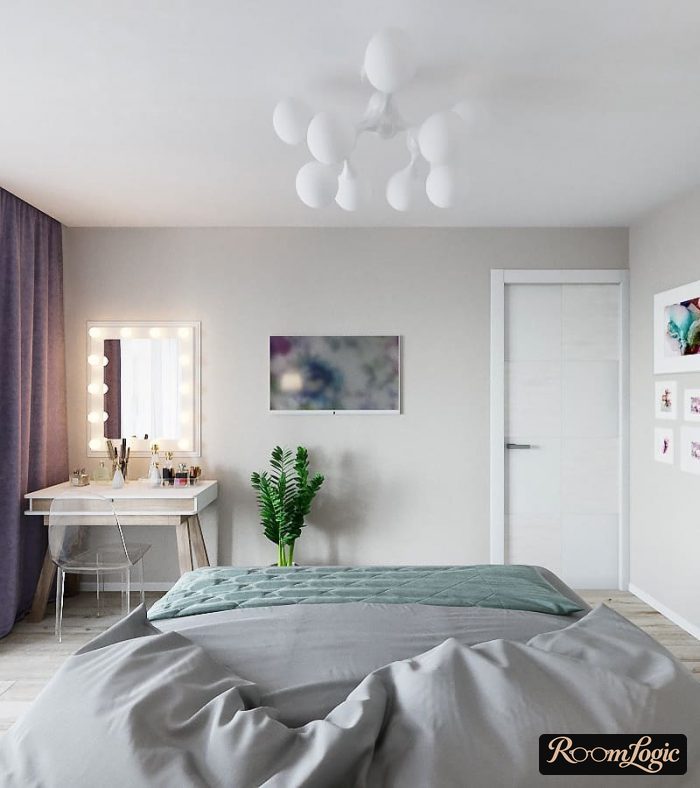 scandinavian styled bedroom with a side table