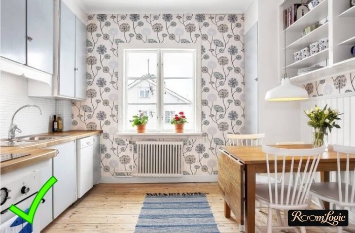 scandinavian styled kitchen with an accent wall featuring wallpaper with dandelion pattern