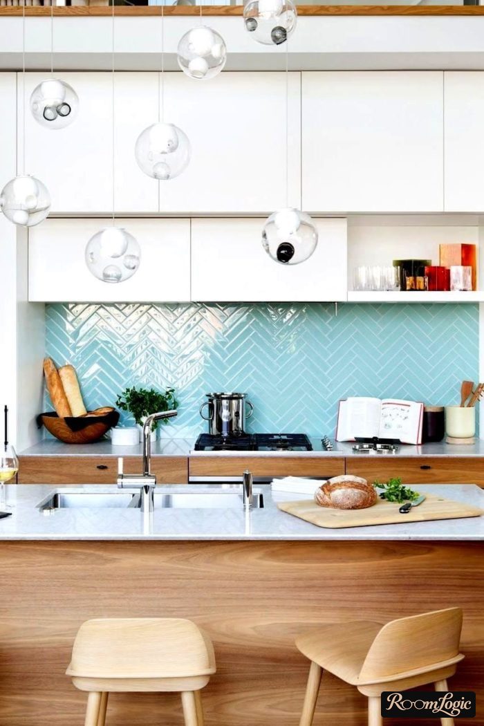 scandinavian styled kitchen with light blue backsplash