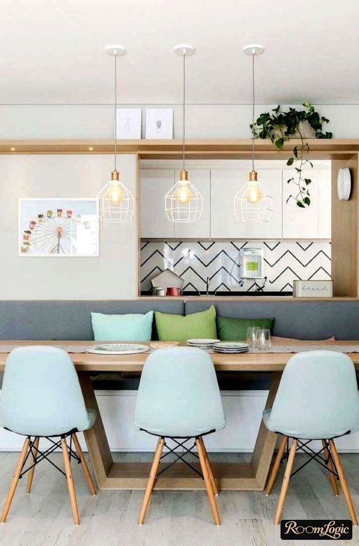 scandinavian styled kitchen with light blue chairs