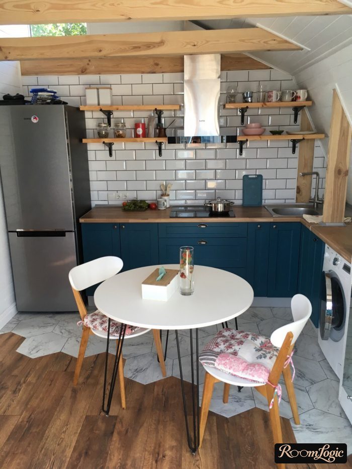 scandinavian styled kitchen with open shelves