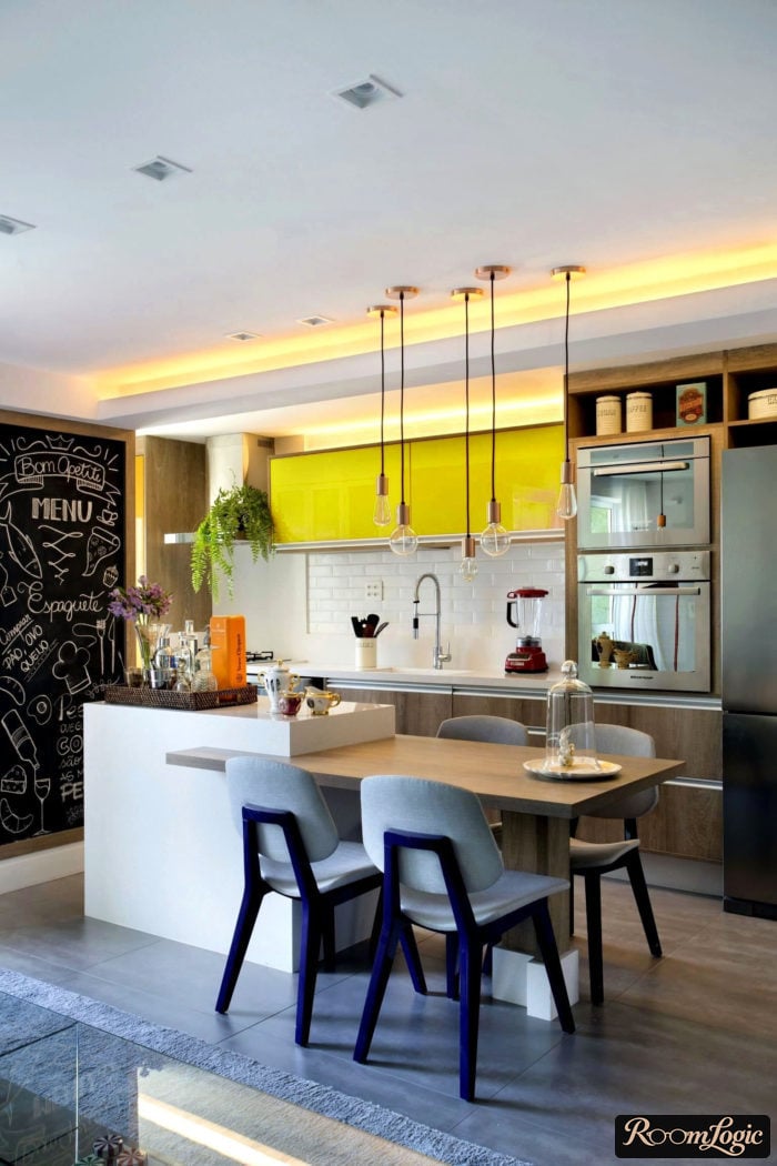 scandinavian styled kitchen with yellow glossy countertops