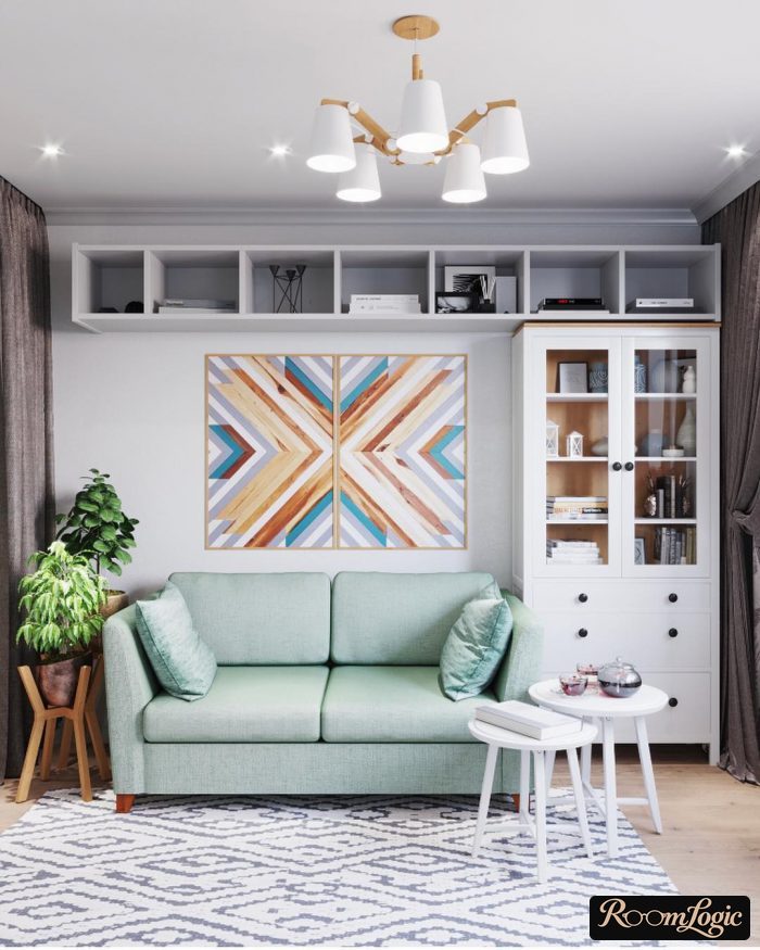 scandinavian styled living room with teal sofa
