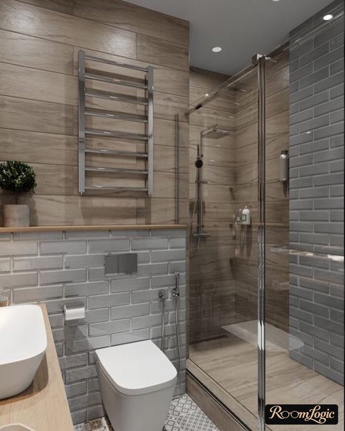scandinavian styled shower with gray tile