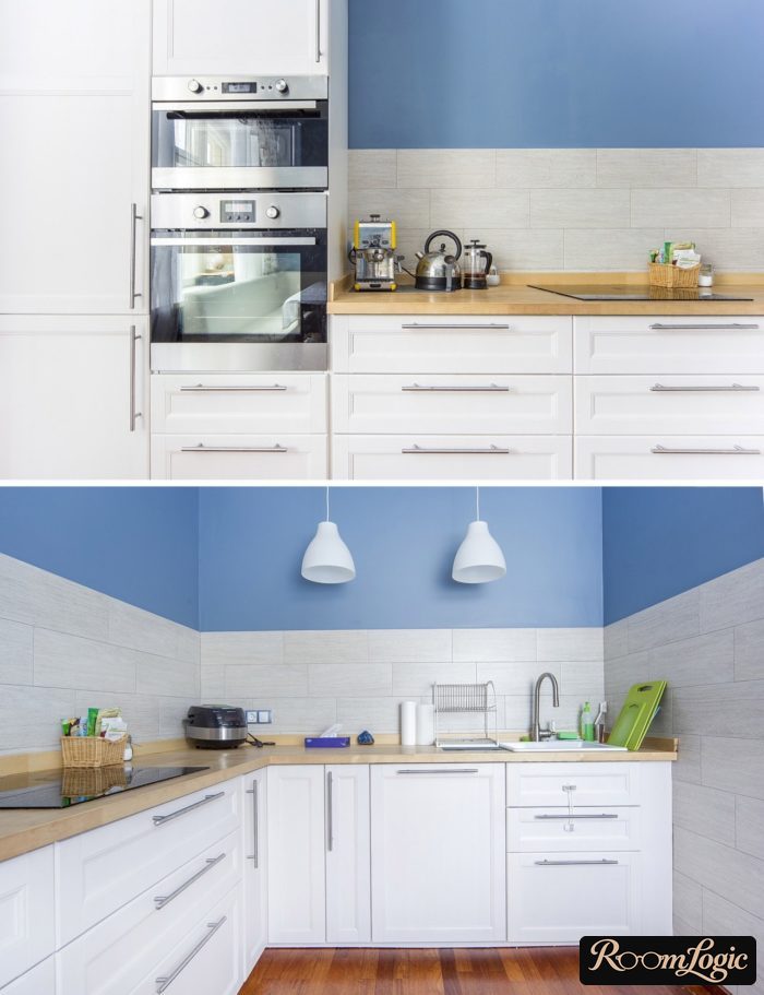 scandinavian white kitchen with wooden countertop without upper cabinets