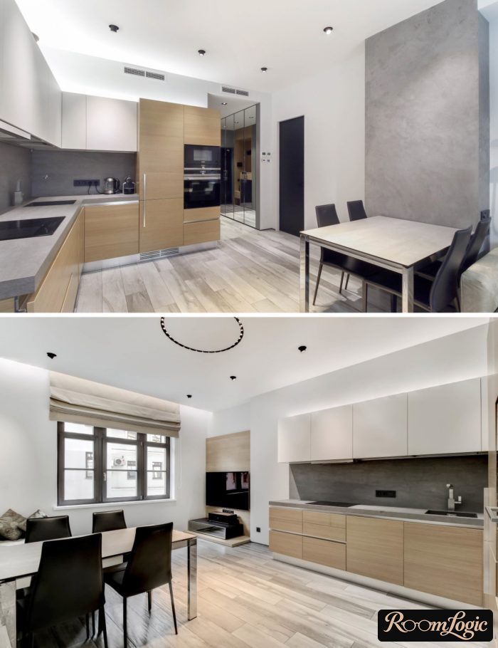 serene white and gray kitchen with wooden base and gray countertop