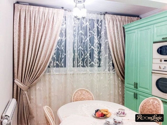 shades and sheer curtain with pattern in kitchen