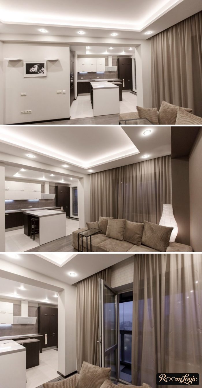 sheer curtain in gray in kitchen-living room