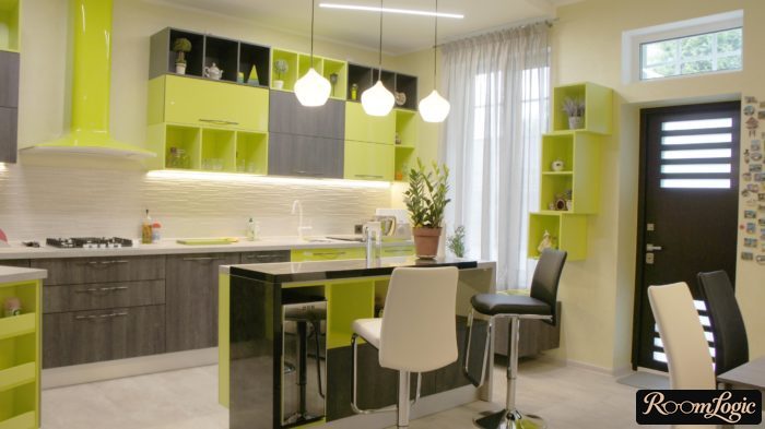 sheer curtain on a wall rod in the kitchen-living room with a balcony