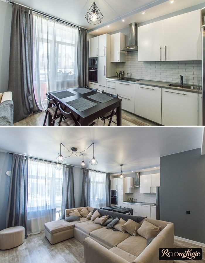 sheer curtains and light curtains in a kitchen-living room with a balcony door