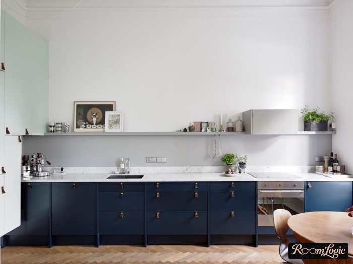 shelf instead of upper cabinets in a Scandinavian style kitchen