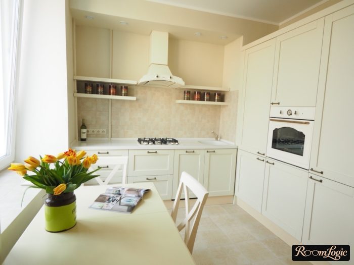 shelf with cans instead of cabinets on the kitchen